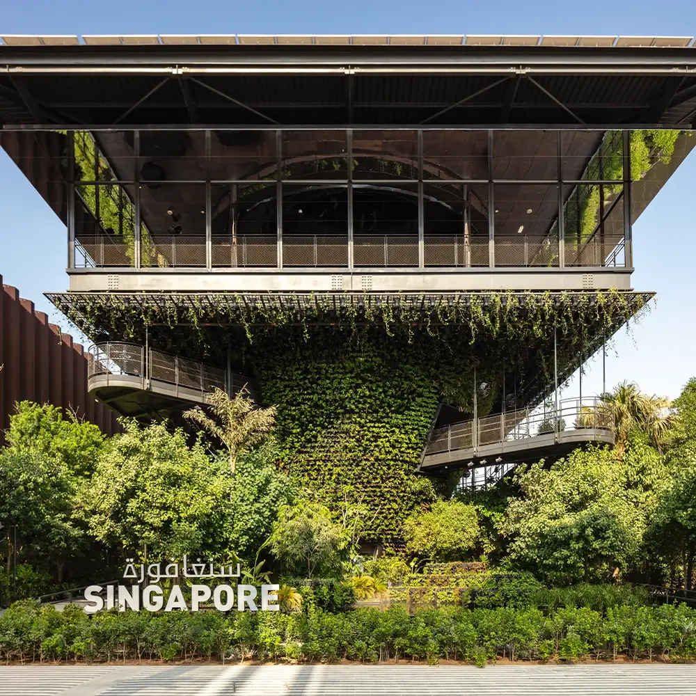 Exterior of Singapore Pavilion at Expo 2020 Dubai showing Singapore sign and entry path through garden.